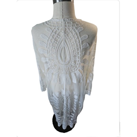 White Embroidered Lace Duster Kimono Long Coverup See through - Picture 6 of 8